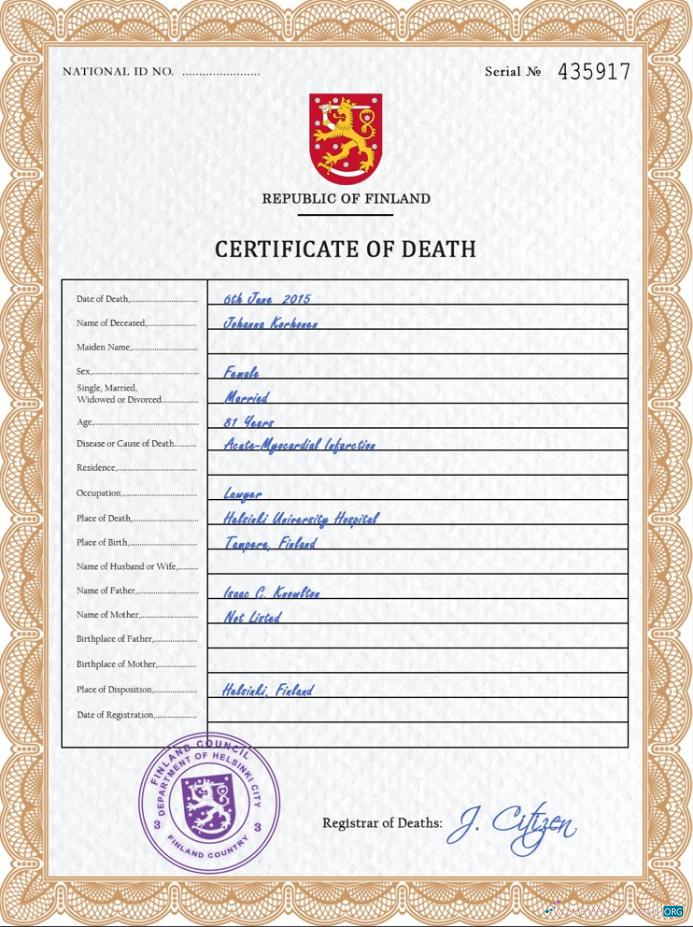 Download Finland death certificate PSD template Photoshop template